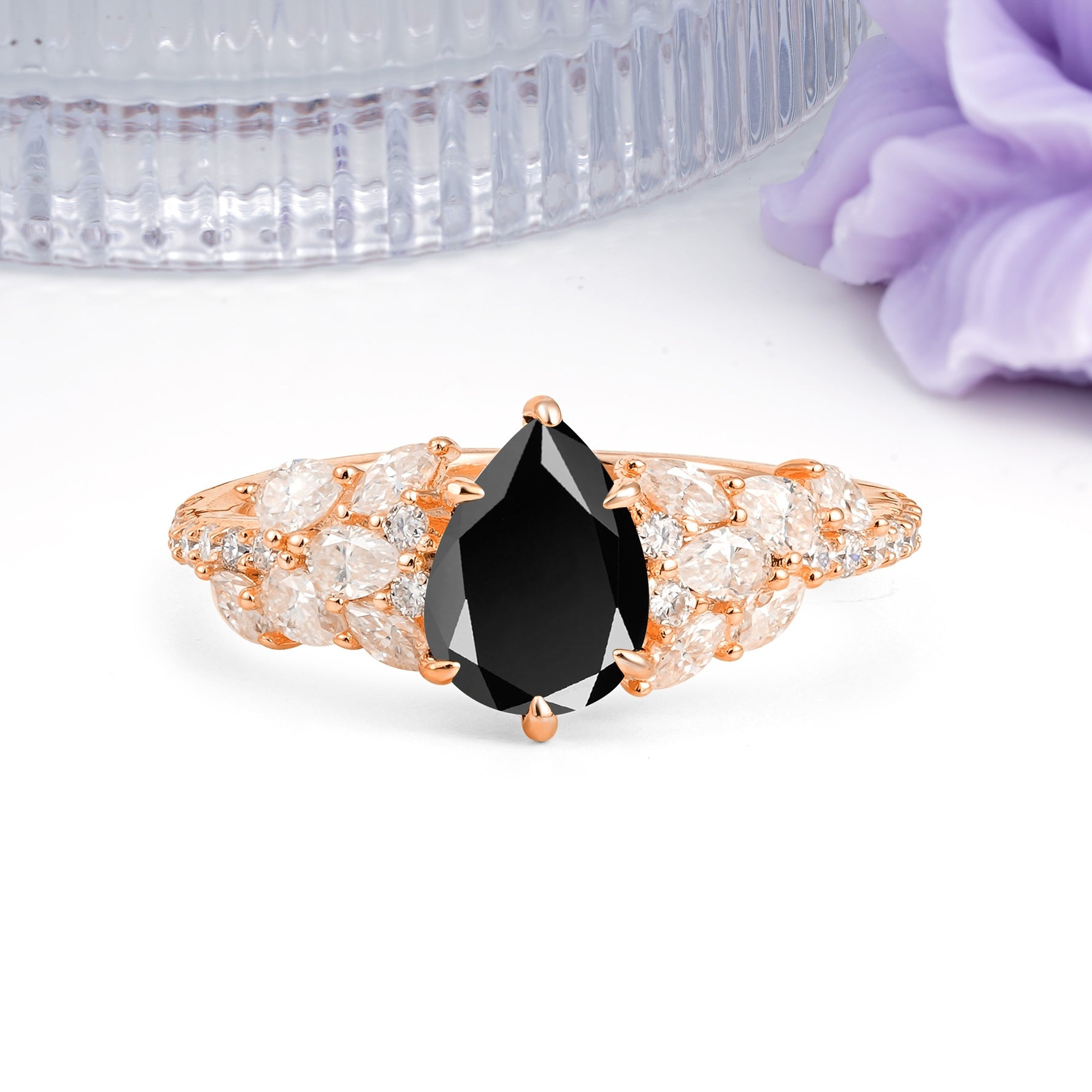 Luxurious Pavé-Set Diamonds, Unique 6-Prong Pear Cut Black Onyx Engagement Ring - Additional view