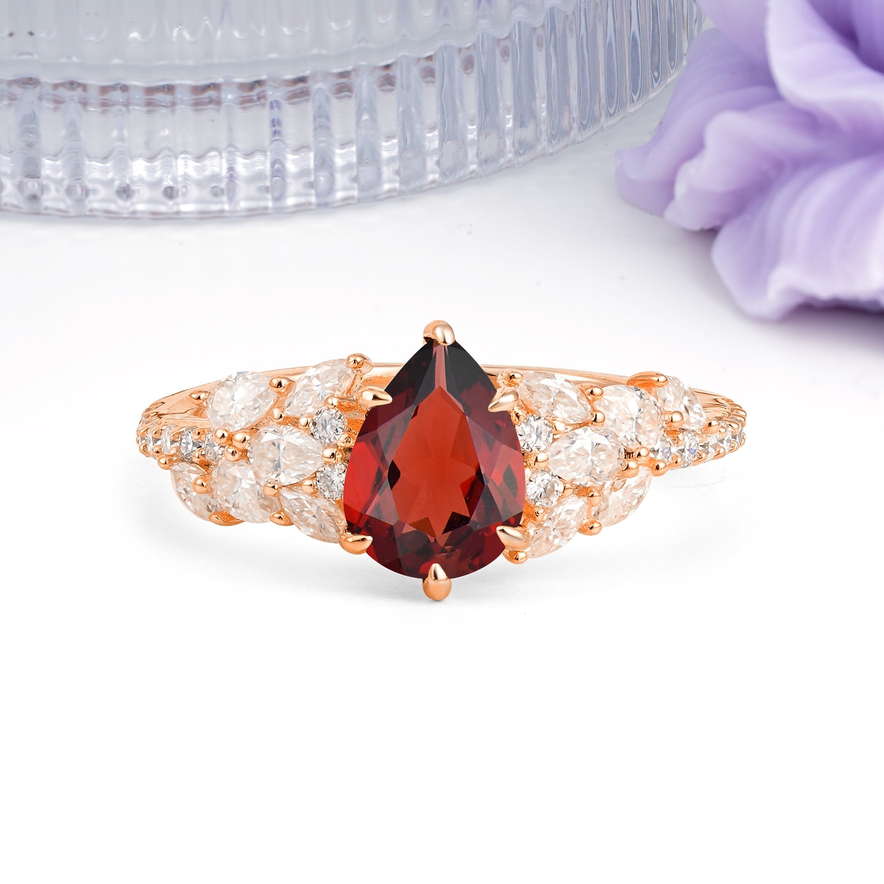 Luxurious Pavé-Set Diamonds, Unique 6-Prong Pear Cut Garnet Engagement Ring - Additional view