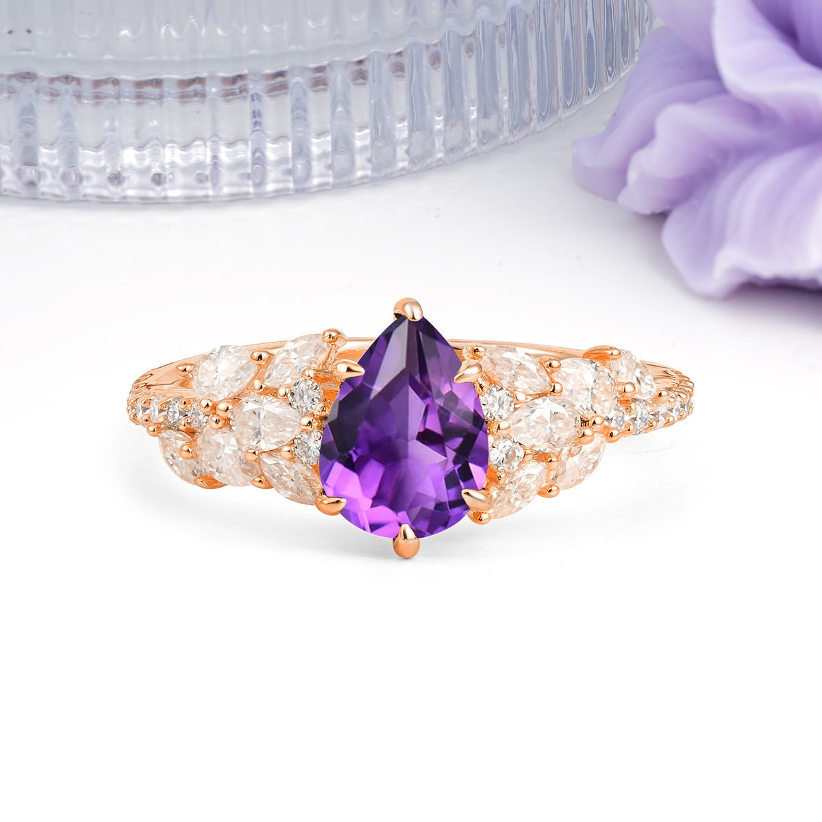 Luxurious Pavé-Set Diamonds, Unique 6-Prong Pear Cut Amethyst Engagement Ring - Additional view