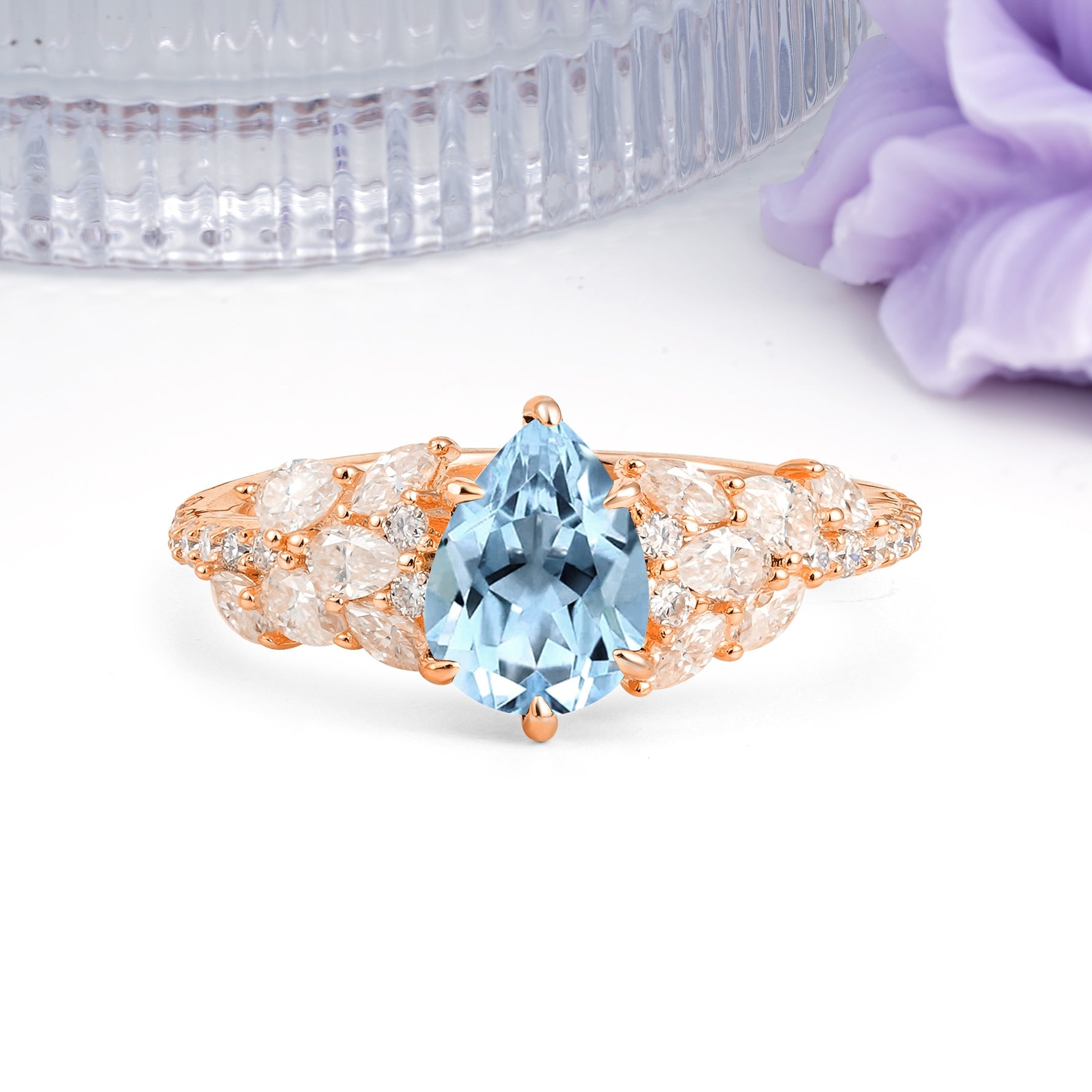Luxurious Pavé-Set Diamonds, Unique 6-Prong Pear Cut Aquamarine Engagement Ring - Additional view