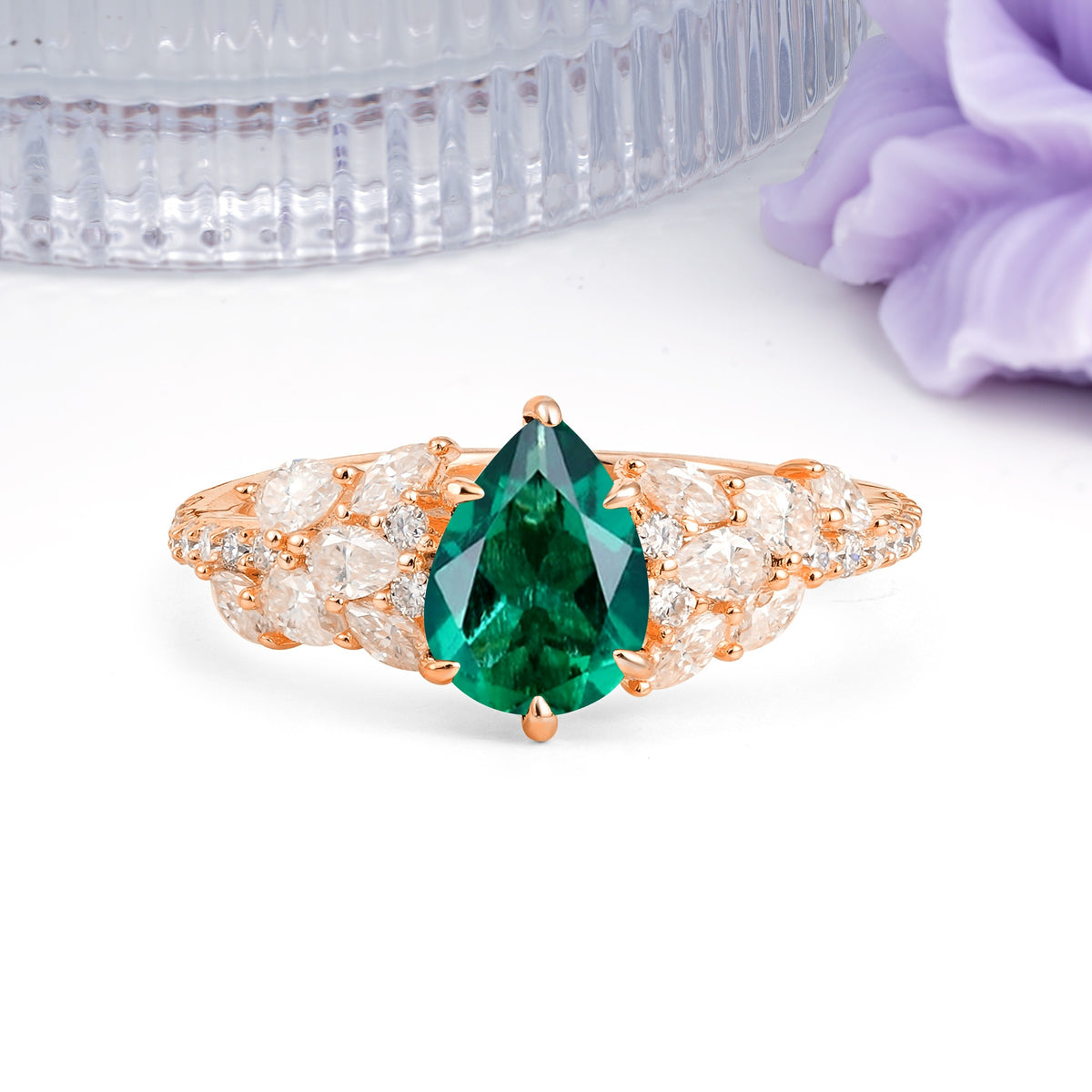 Luxurious Pavé-Set Diamonds, Unique 6-Prong Pear Cut Emerald Engagement Ring - Additional view
