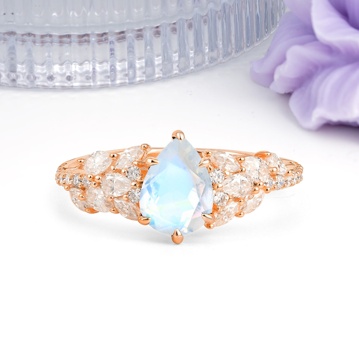 Luxurious Pavé-Set Diamonds, Unique 6-Prong Pear Cut Moonstone Engagement Ring - Additional view