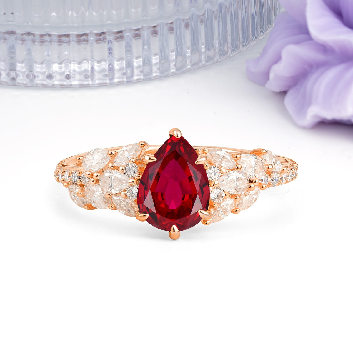 Luxurious Pavé-Set Diamonds, Unique 6-Prong Pear Cut Ruby Engagement Ring - Additional view