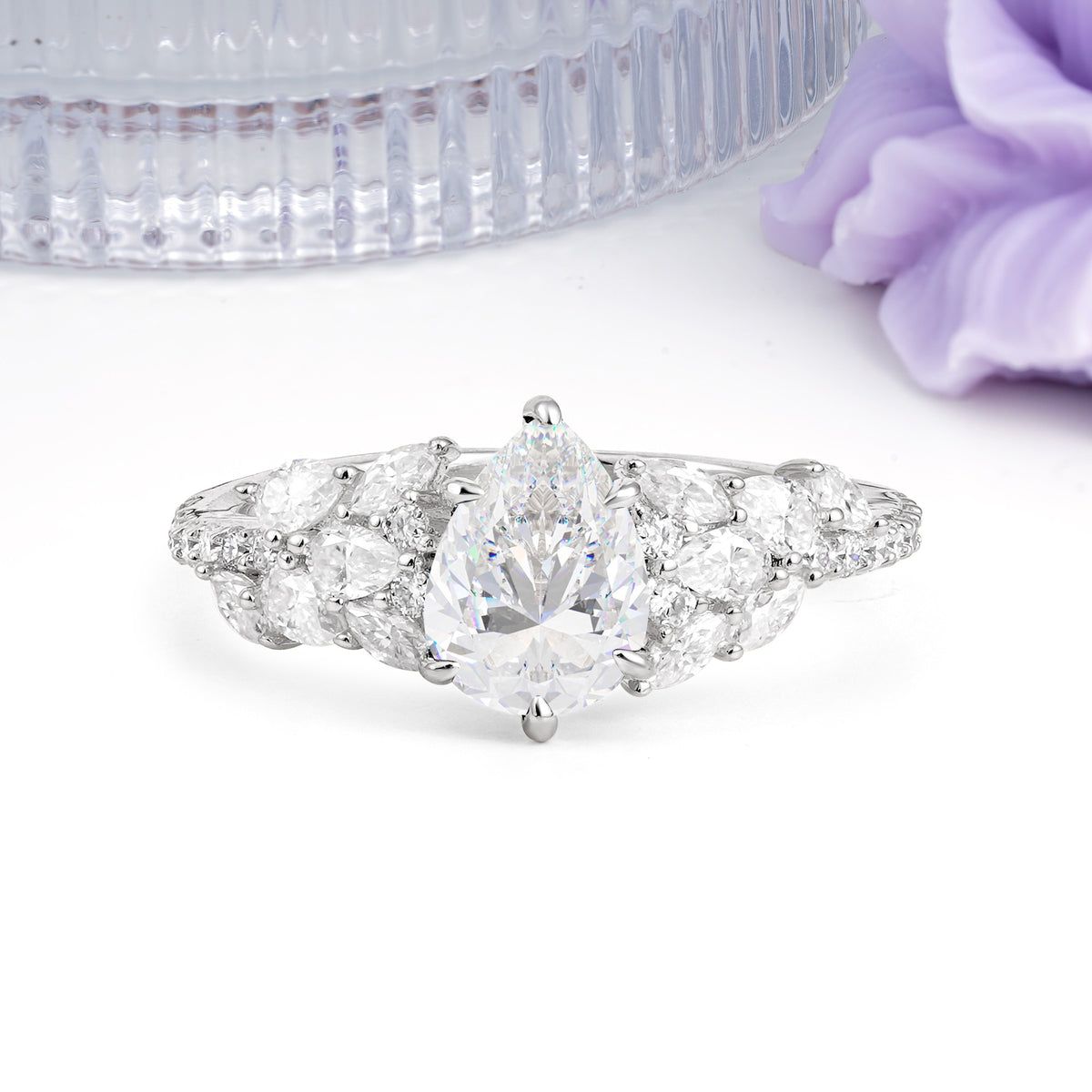 Luxurious Pavé-Set Diamonds, Unique 6-Prong Pear Cut Moissanite Engagement Ring - Additional view