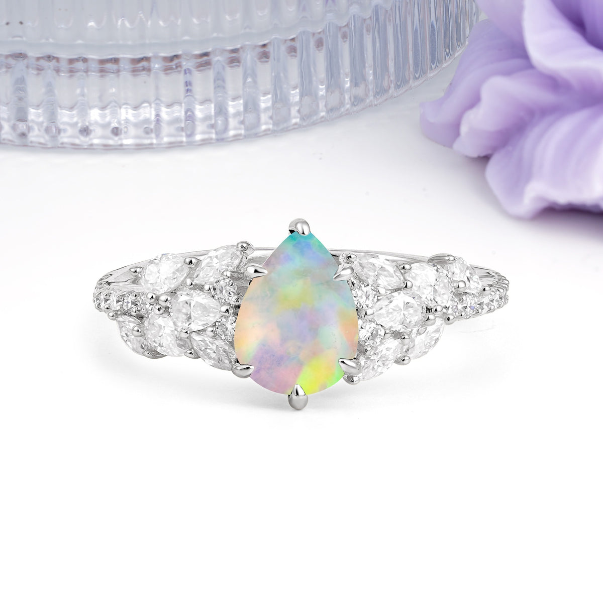 Luxurious Pavé-Set Diamonds, Unique 6-Prong Pear Cut Fire Opal Engagement Ring - Additional view
