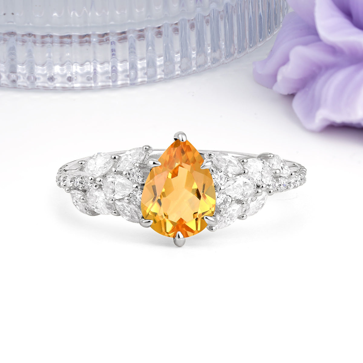 Luxurious Pavé-Set Diamonds, Unique 6-Prong Pear Cut Citrine Engagement Ring - Additional view
