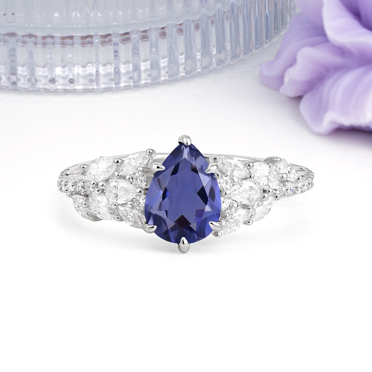 Luxurious Pavé-Set Diamonds, Unique 6-Prong Pear Cut Tanzanite Engagement Ring - Additional view
