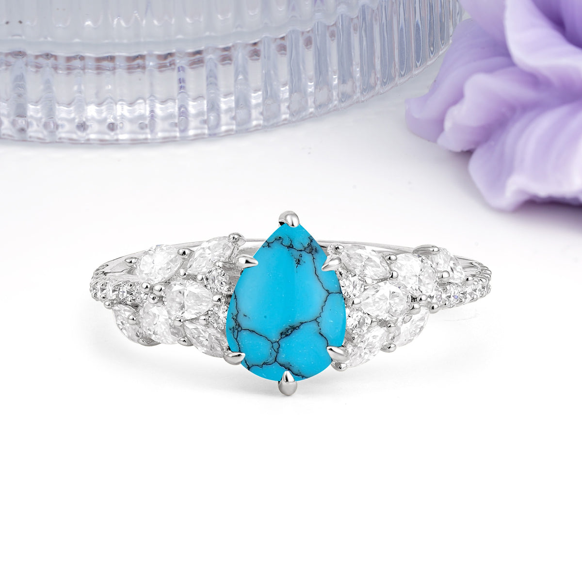 Luxurious Pavé-Set Diamonds, Unique 6-Prong Pear Cut Turquoise Engagement Ring - Additional view