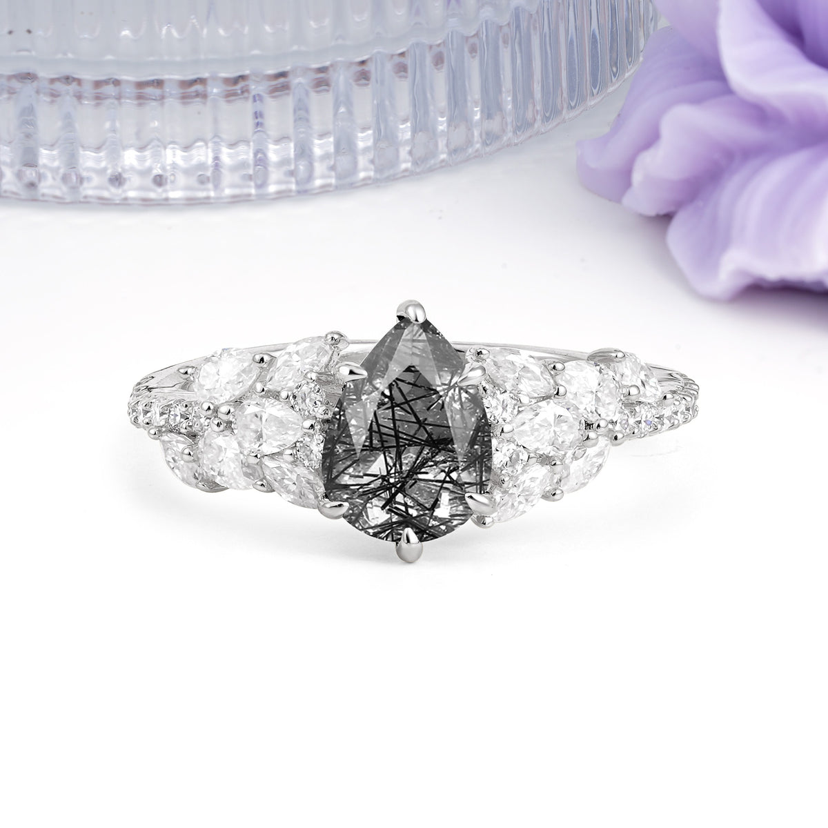 Luxurious Pavé-Set Diamonds, Unique 6-Prong Pear Cut Black Rutilated Quartz Engagement Ring - Additional view