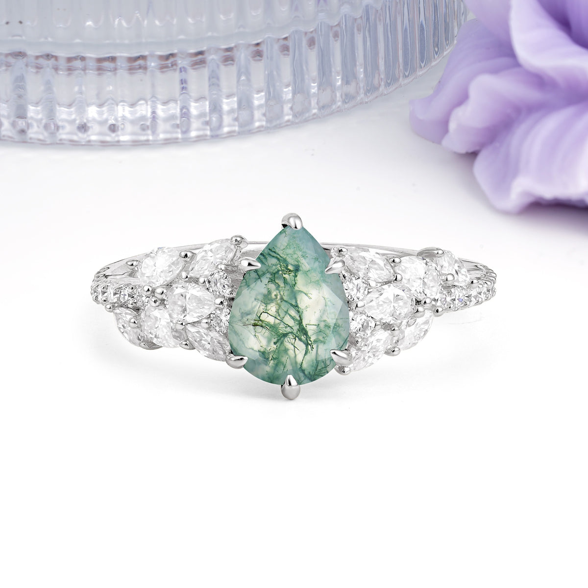 Luxurious Pavé-Set Diamonds, Unique 6-Prong Pear Cut Moss Agate Engagement Ring - Additional view