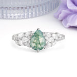 Luxurious Pavé-Set Diamonds, Unique 6-Prong Pear Cut Moss Agate Engagement Ring - Additional view