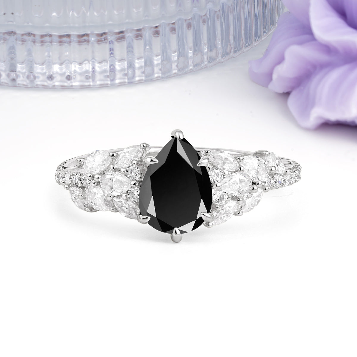 Luxurious Pavé-Set Diamonds, Unique 6-Prong Pear Cut Black Onyx Engagement Ring - Additional view