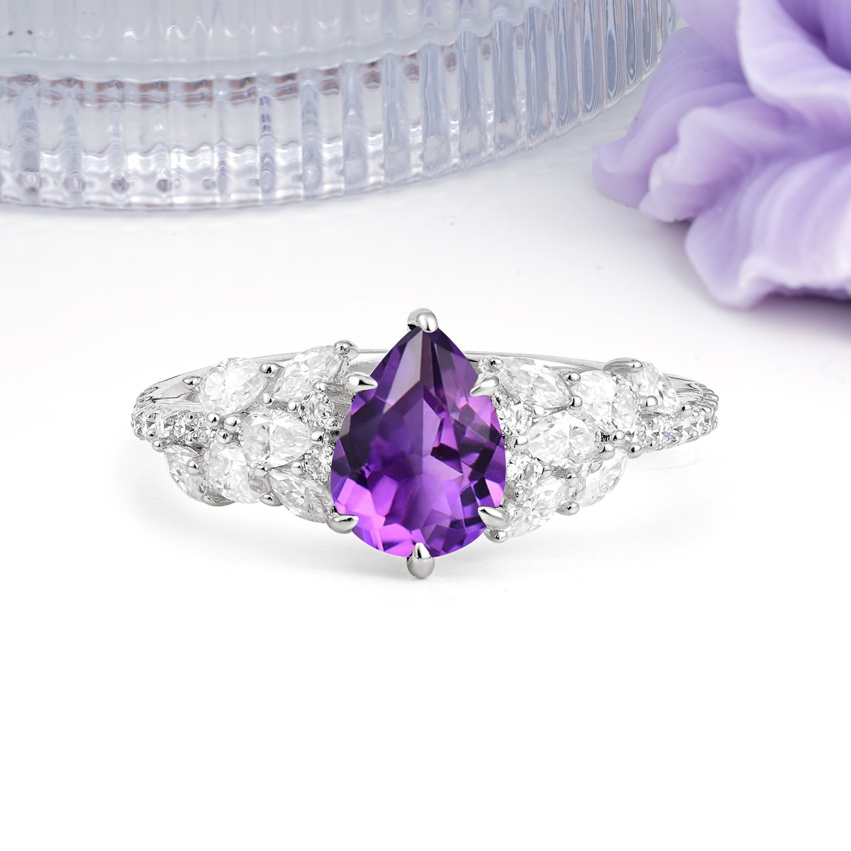 Luxurious Pavé-Set Diamonds, Unique 6-Prong Pear Cut Amethyst Engagement Ring - Additional view
