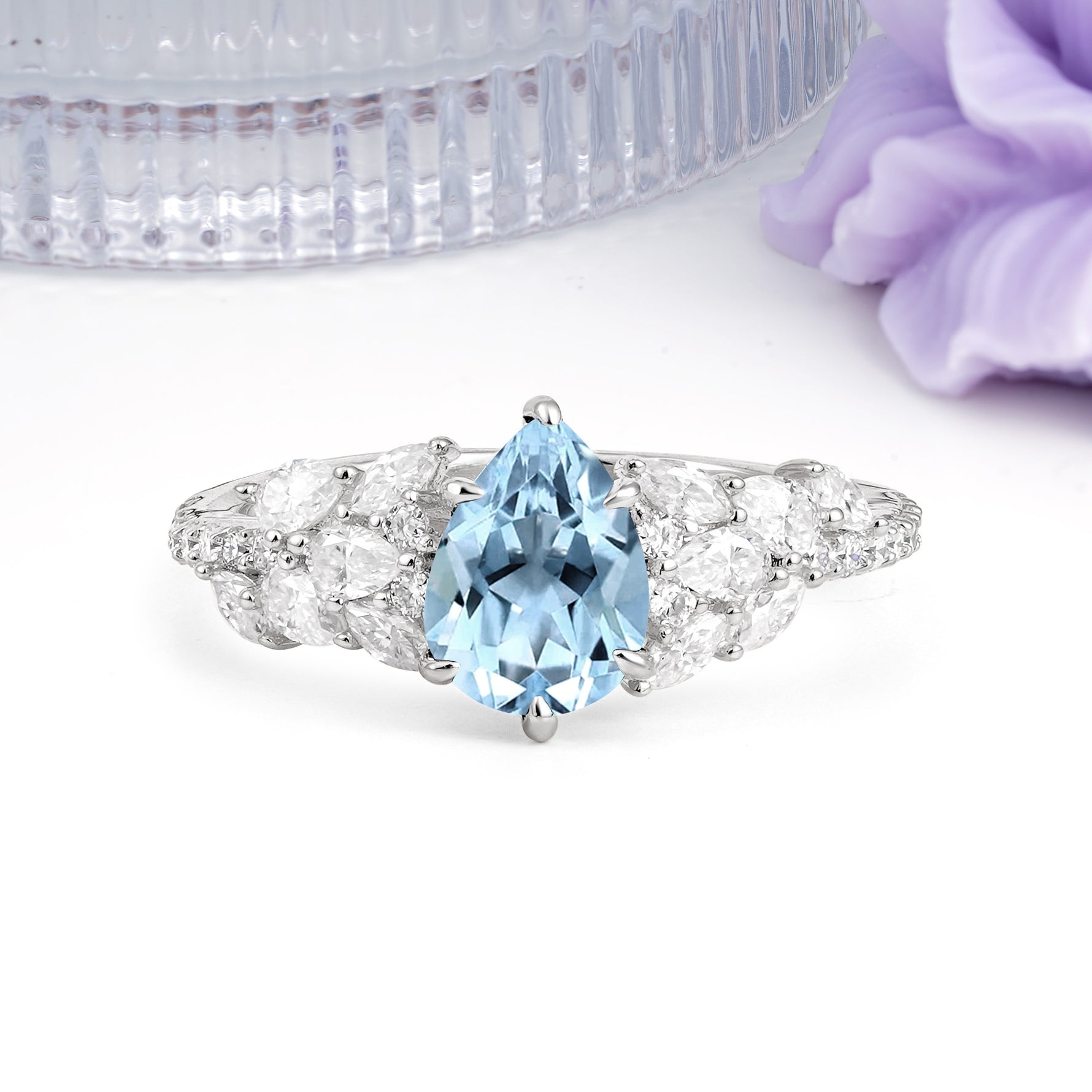 Luxurious Pavé-Set Diamonds, Unique 6-Prong Pear Cut Aquamarine Engagement Ring - Additional view