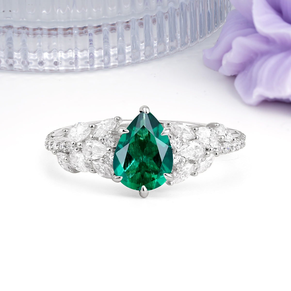 Luxurious Pavé-Set Diamonds, Unique 6-Prong Pear Cut Emerald Engagement Ring - Additional view