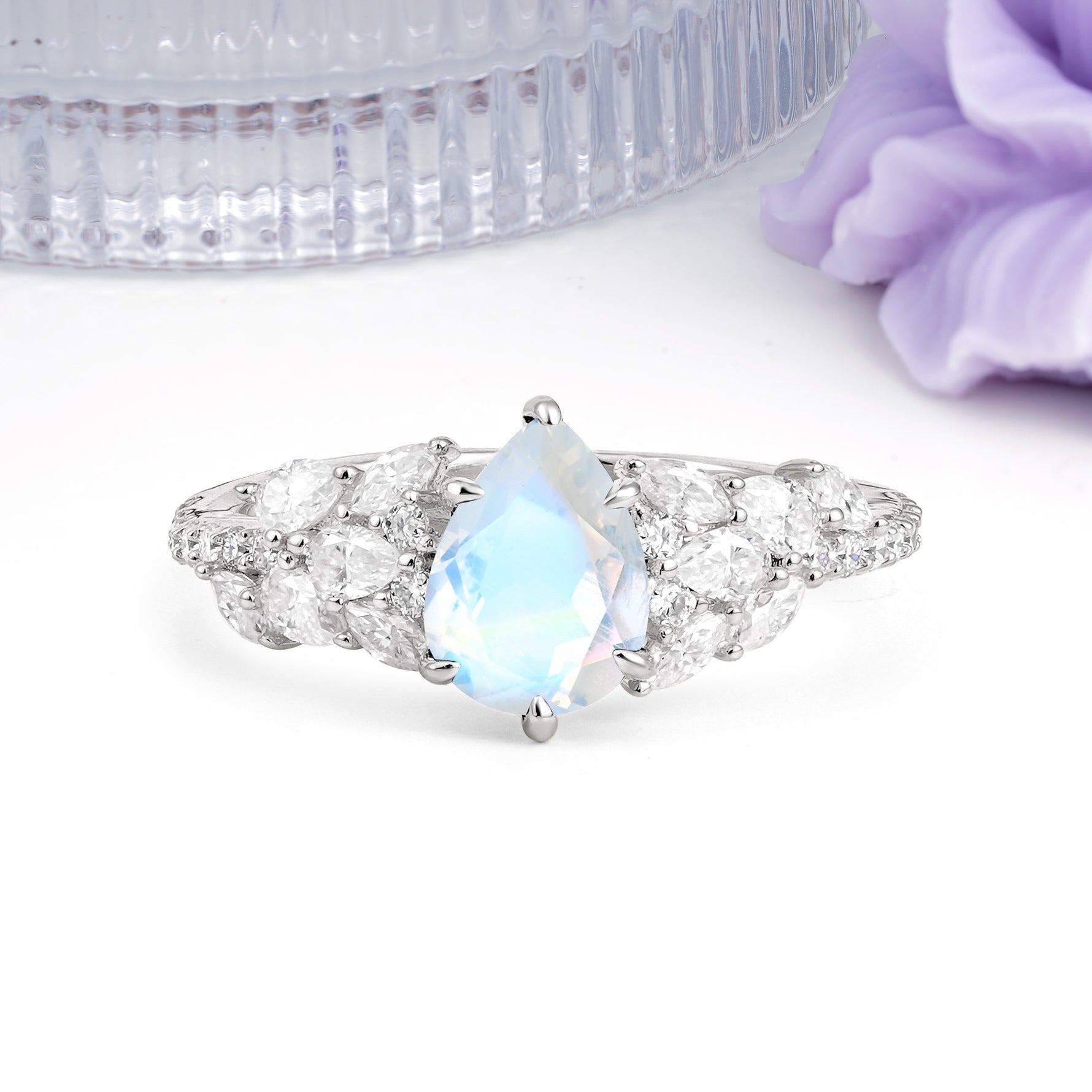 Luxurious Pavé-Set Diamonds, Unique 6-Prong Pear Cut Moonstone Engagement Ring - Additional view