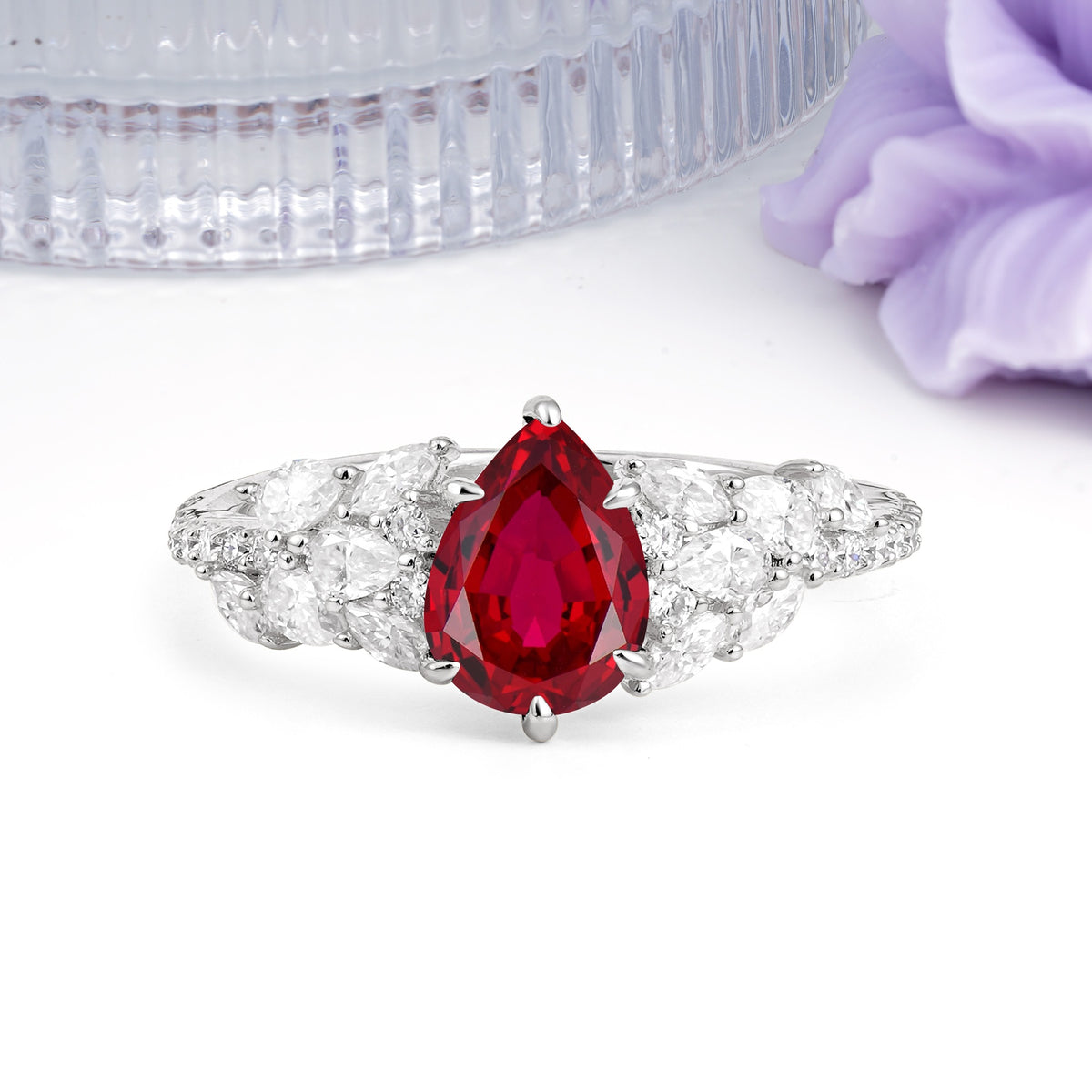 Luxurious Pavé-Set Diamonds, Unique 6-Prong Pear Cut Ruby Engagement Ring - Additional view
