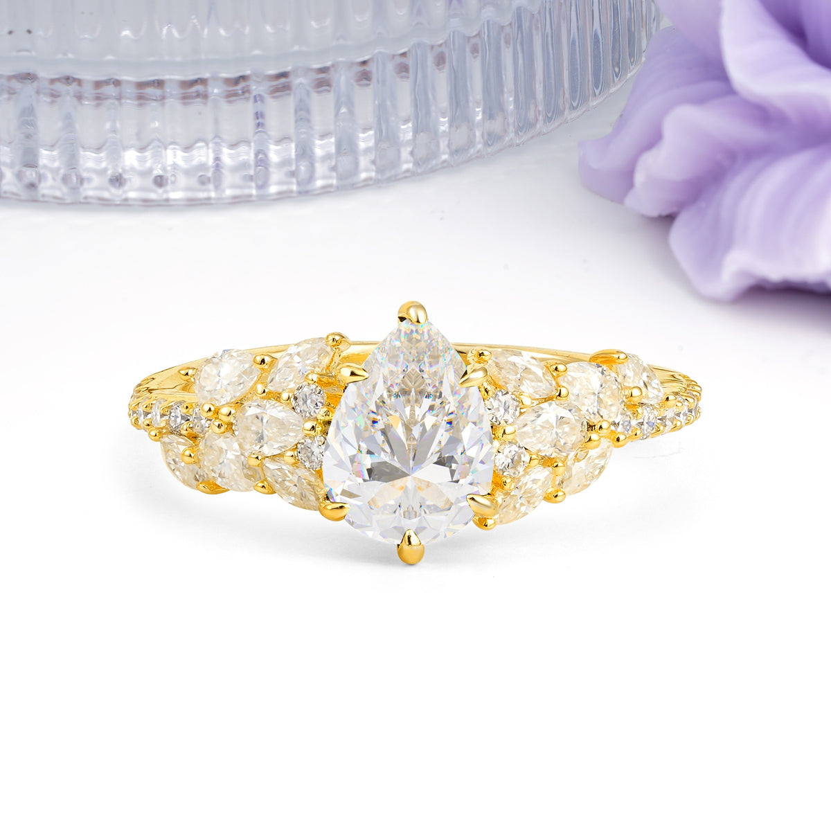Luxurious Pavé-Set Diamonds, Unique 6-Prong Pear Cut Moissanite Engagement Ring - Additional view