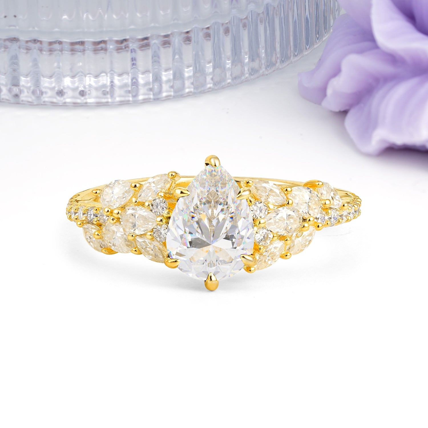 Luxurious Pavé-Set Diamonds, Unique 6-Prong Pear Cut Moissanite Engagement Ring - Additional view