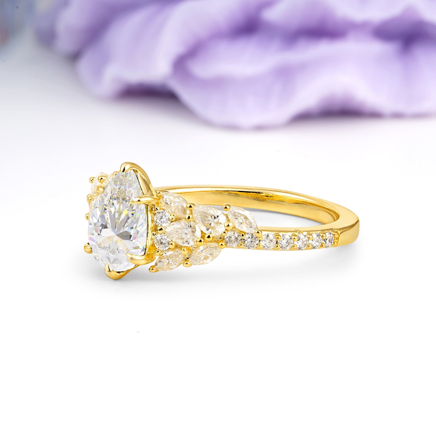 Luxurious Pavé-Set Diamonds, Unique 6-Prong Pear Cut Moissanite Engagement Ring - Additional view