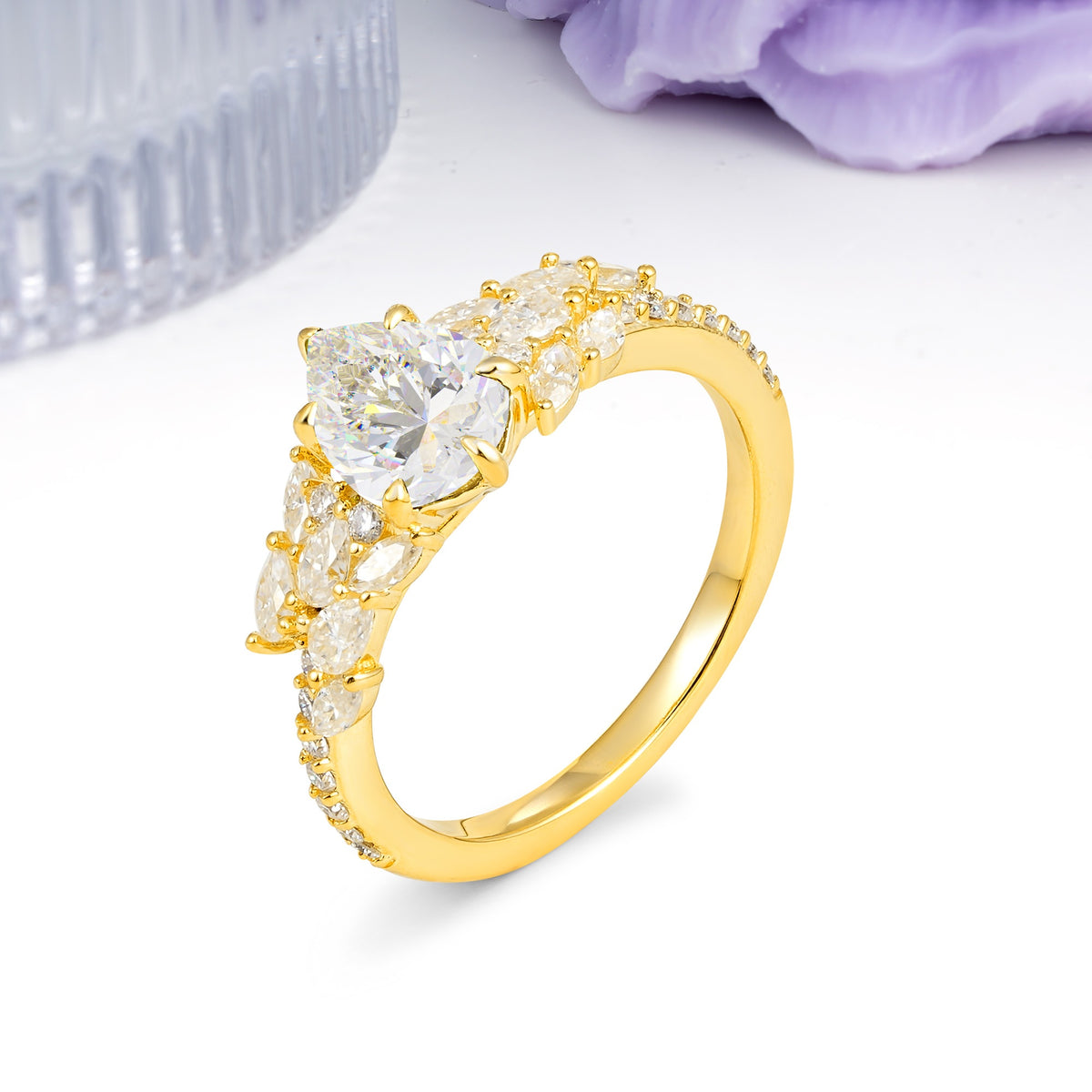 Luxurious Pavé-Set Diamonds, Unique 6-Prong Pear Cut Moissanite Engagement Ring - Additional view