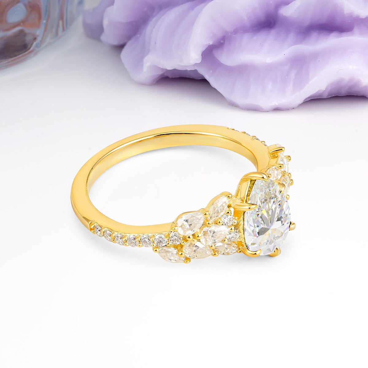 Luxurious Pavé-Set Diamonds, Unique 6-Prong Pear Cut Moissanite Engagement Ring - Additional view