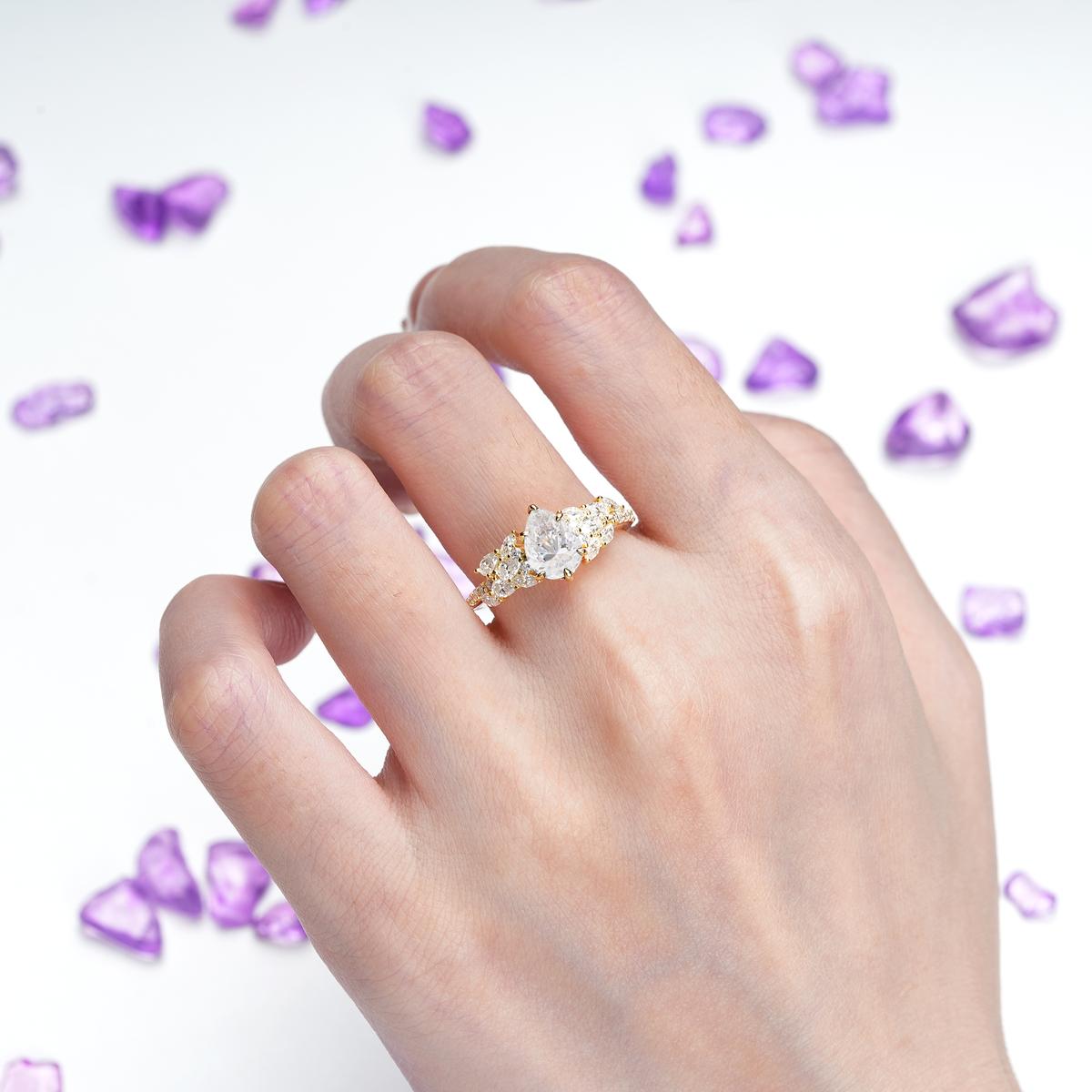 Luxurious Pavé-Set Diamonds, Unique 6-Prong Pear Cut Moissanite Engagement Ring