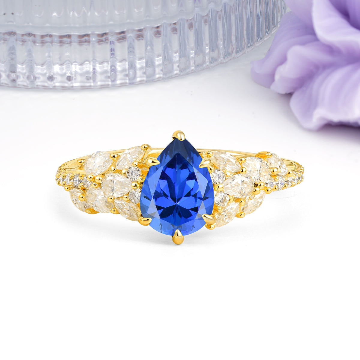 Luxurious Pavé-Set Diamonds, Unique 6-Prong Pear Cut Sapphire Engagement Ring - Additional view