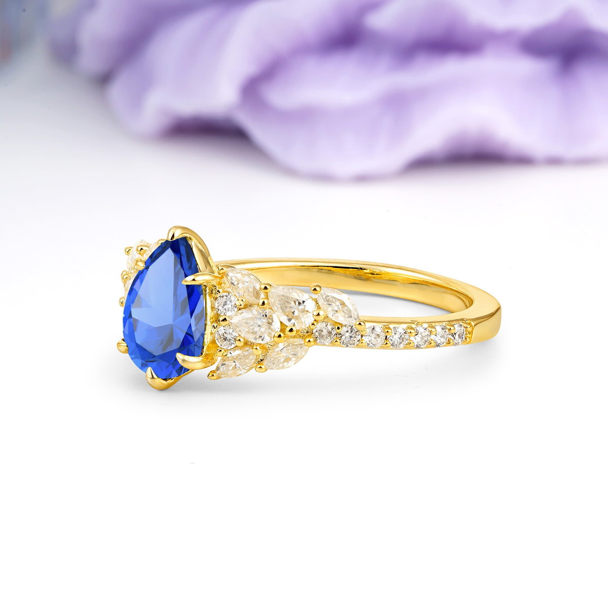 Luxurious Pavé-Set Diamonds, Unique 6-Prong Pear Cut Sapphire Engagement Ring - Additional view