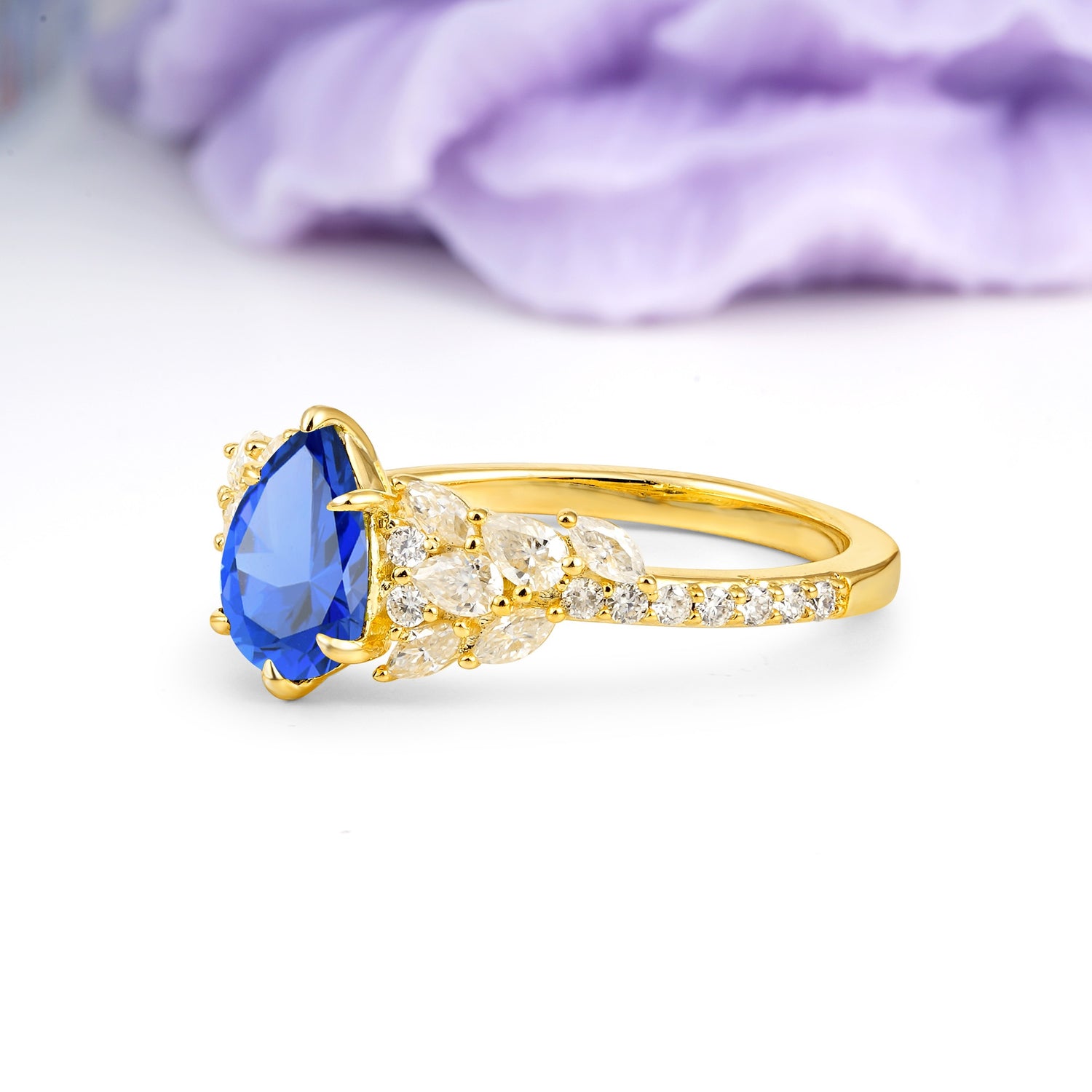 Luxurious Pavé-Set Diamonds, Unique 6-Prong Pear Cut Sapphire Engagement Ring - Additional view
