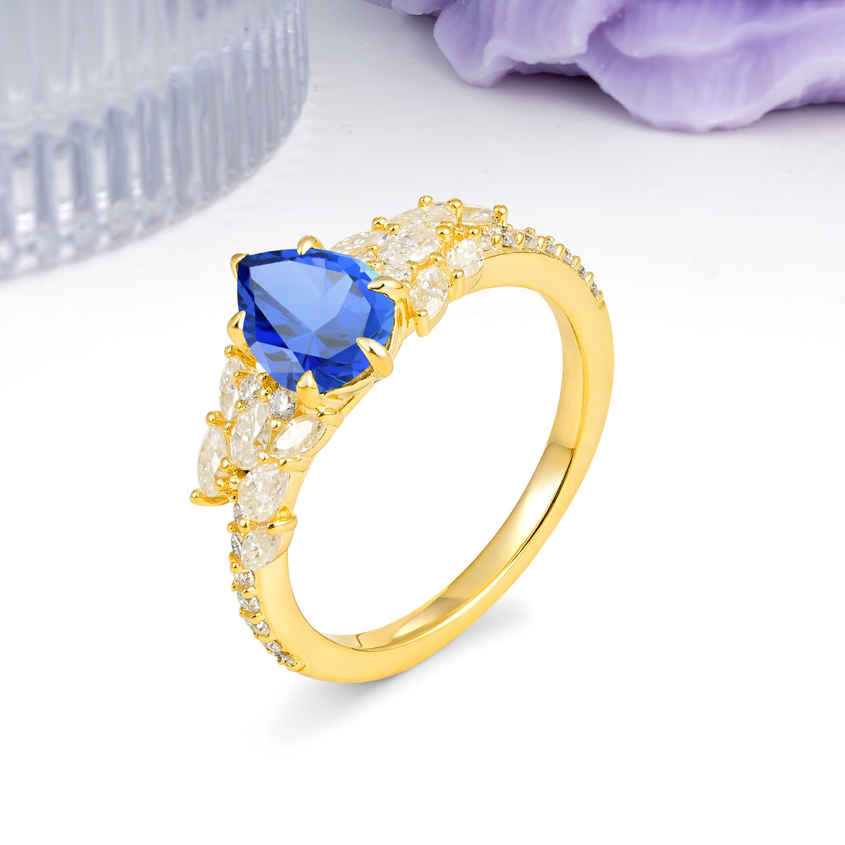 Luxurious Pavé-Set Diamonds, Unique 6-Prong Pear Cut Sapphire Engagement Ring - Additional view