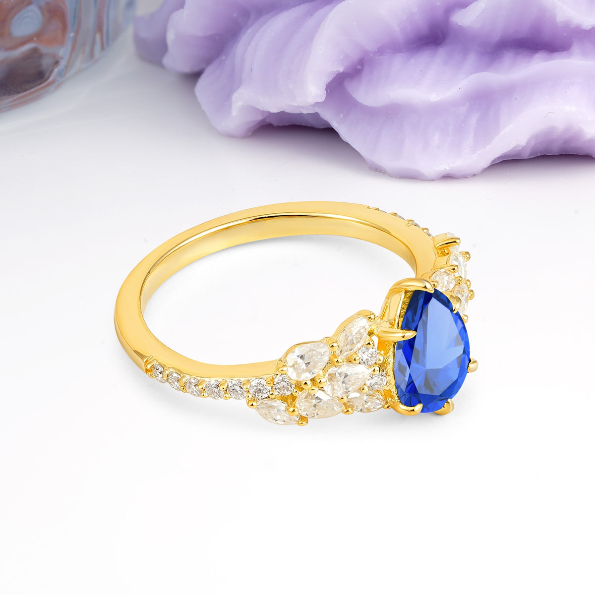 Luxurious Pavé-Set Diamonds, Unique 6-Prong Pear Cut Sapphire Engagement Ring - Additional view