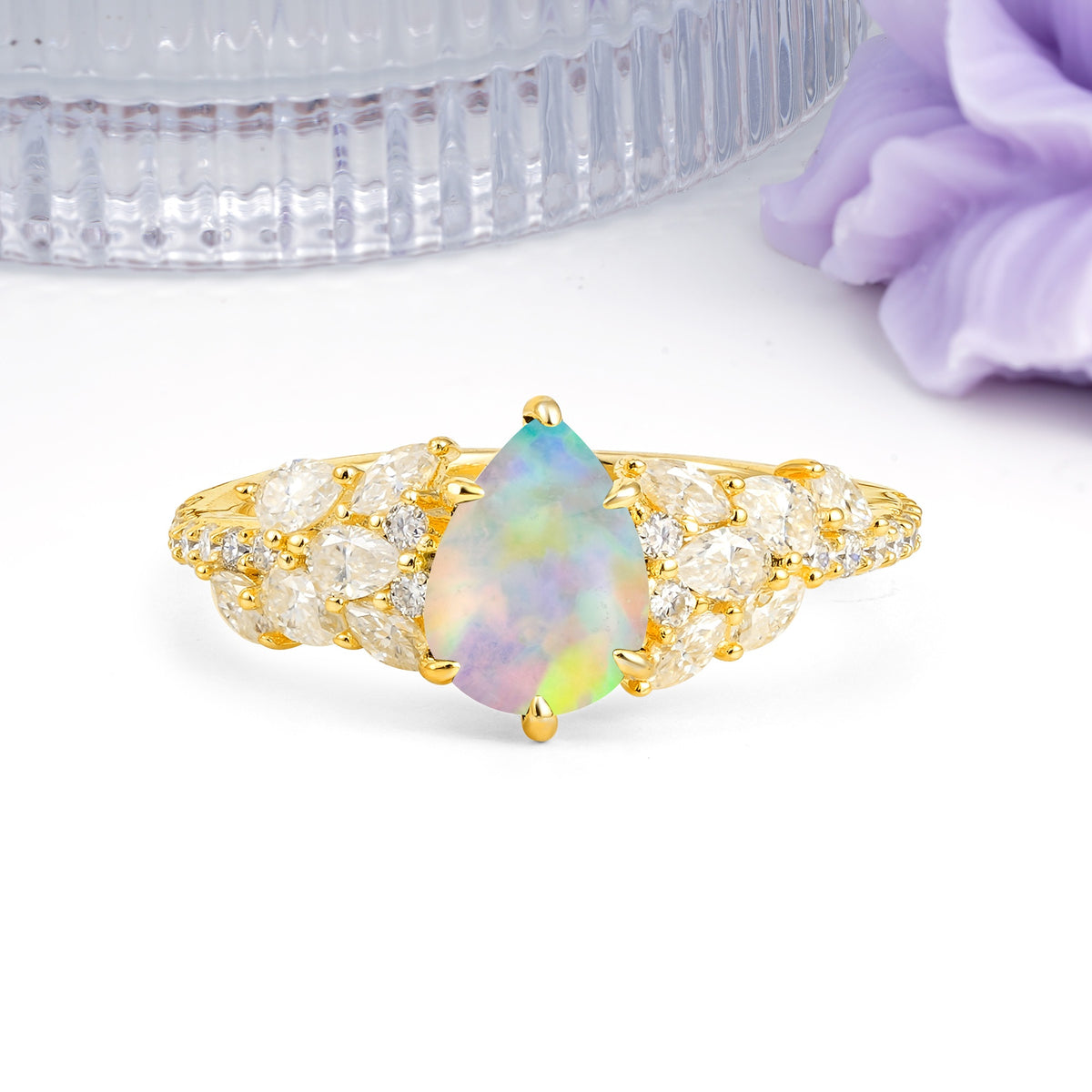 Luxurious Pavé-Set Diamonds, Unique 6-Prong Pear Cut Fire Opal Engagement Ring - Additional view
