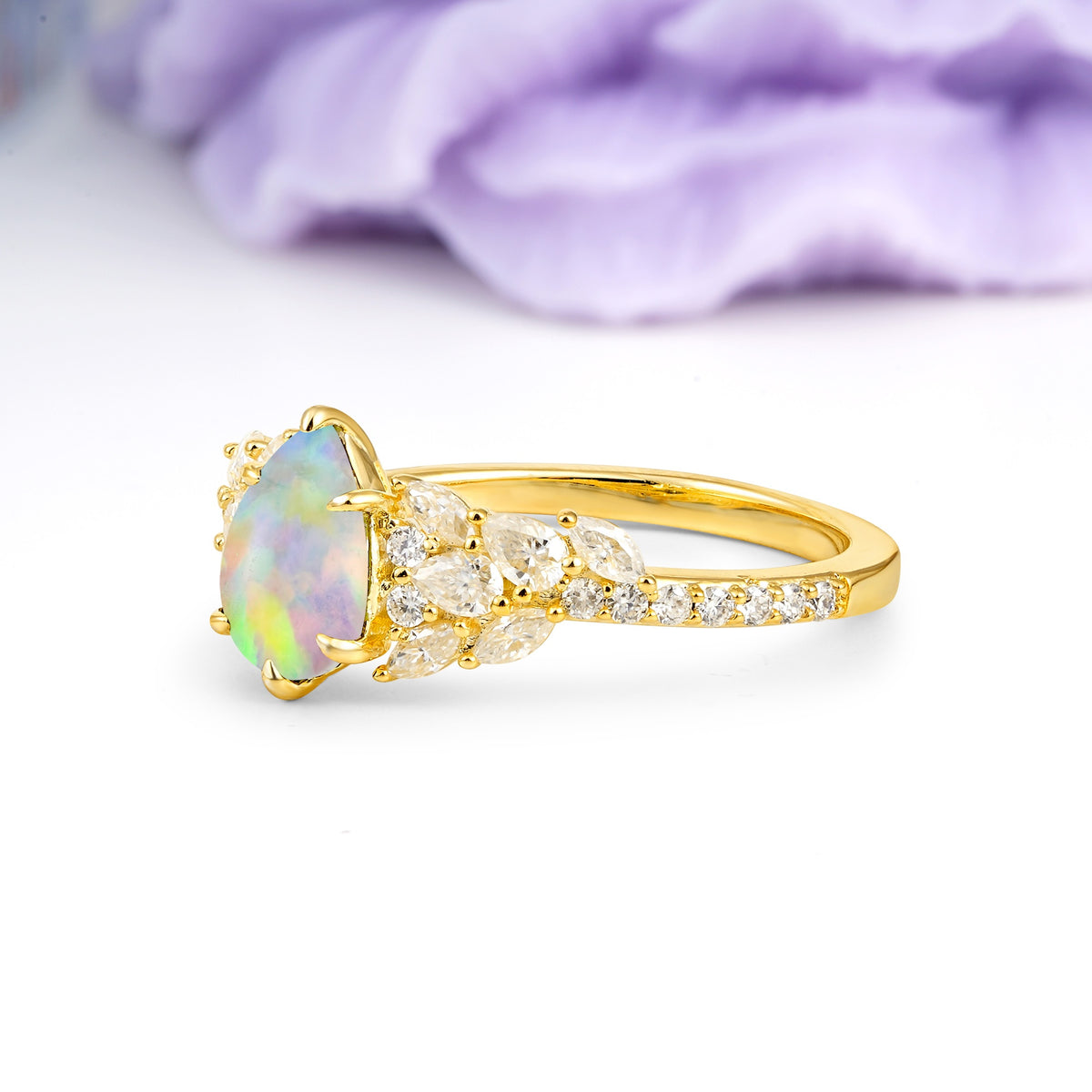 Luxurious Pavé-Set Diamonds, Unique 6-Prong Pear Cut Fire Opal Engagement Ring - Additional view