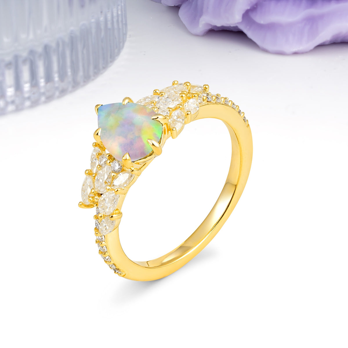 Luxurious Pavé-Set Diamonds, Unique 6-Prong Pear Cut Fire Opal Engagement Ring - Additional view
