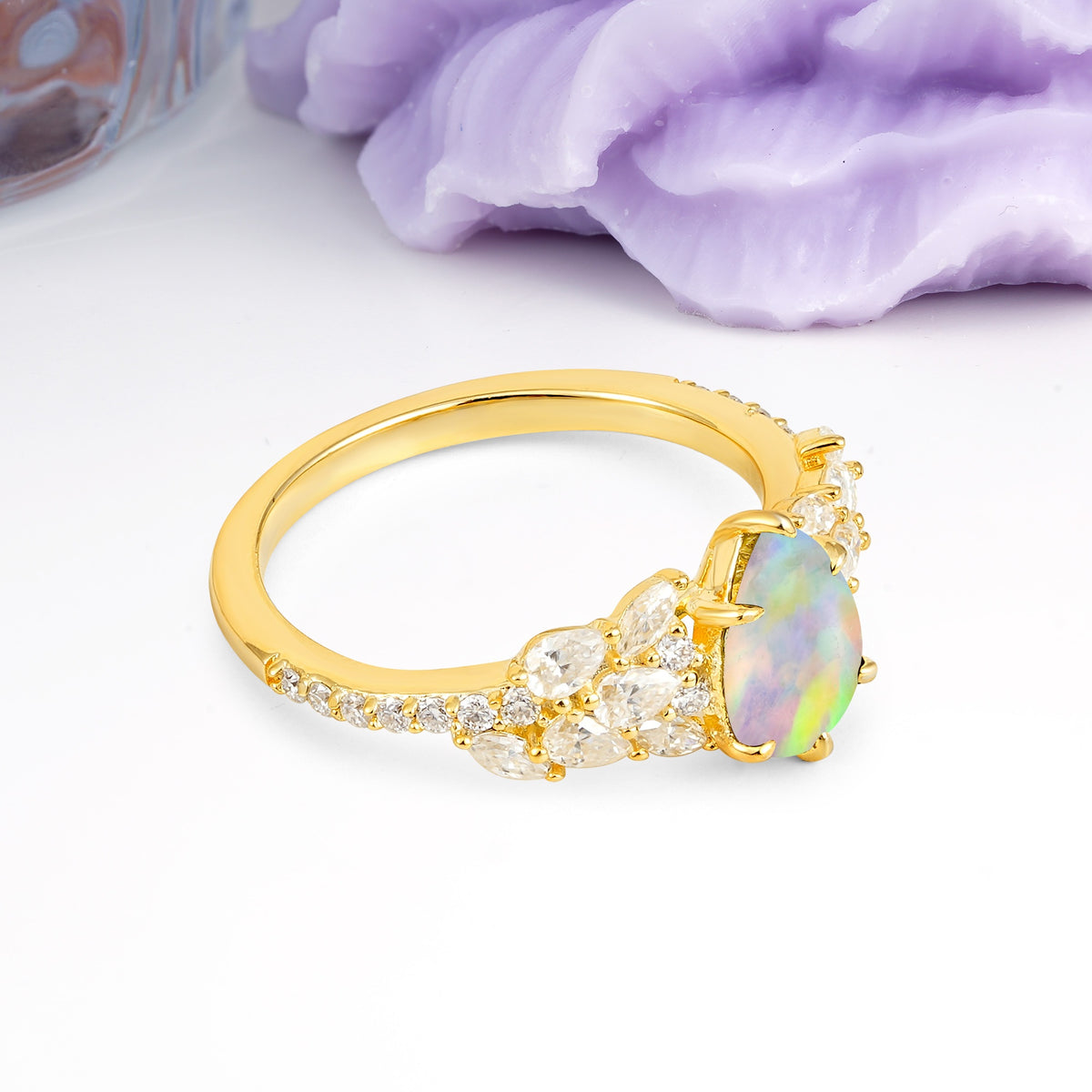 Luxurious Pavé-Set Diamonds, Unique 6-Prong Pear Cut Fire Opal Engagement Ring - Additional view