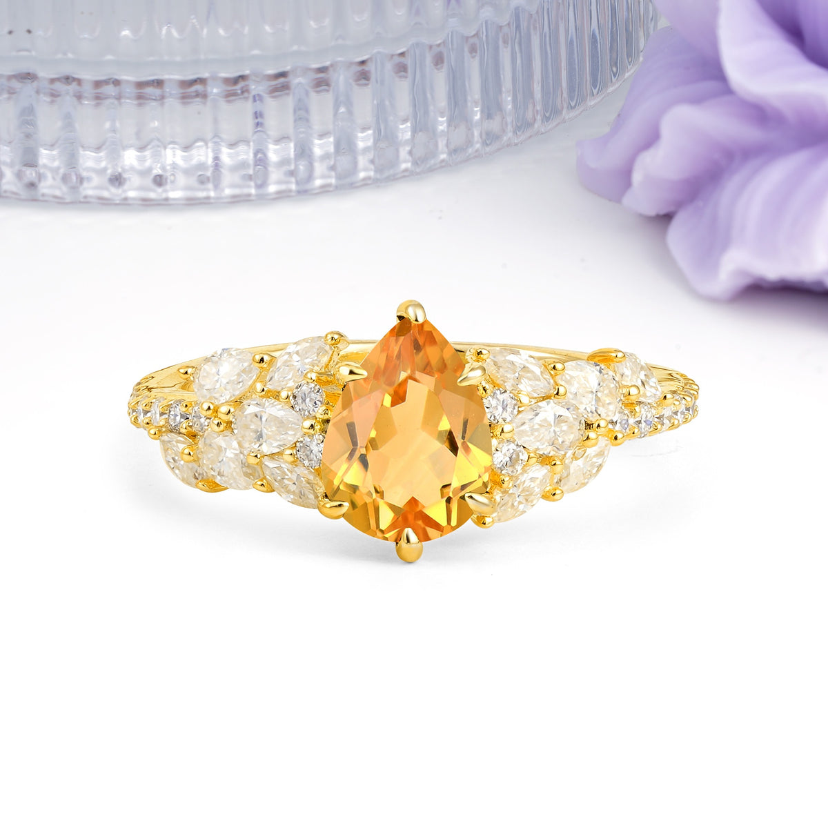 Luxurious Pavé-Set Diamonds, Unique 6-Prong Pear Cut Citrine Engagement Ring - Additional view