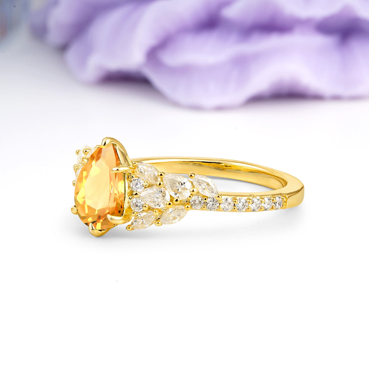 Luxurious Pavé-Set Diamonds, Unique 6-Prong Pear Cut Citrine Engagement Ring - Additional view