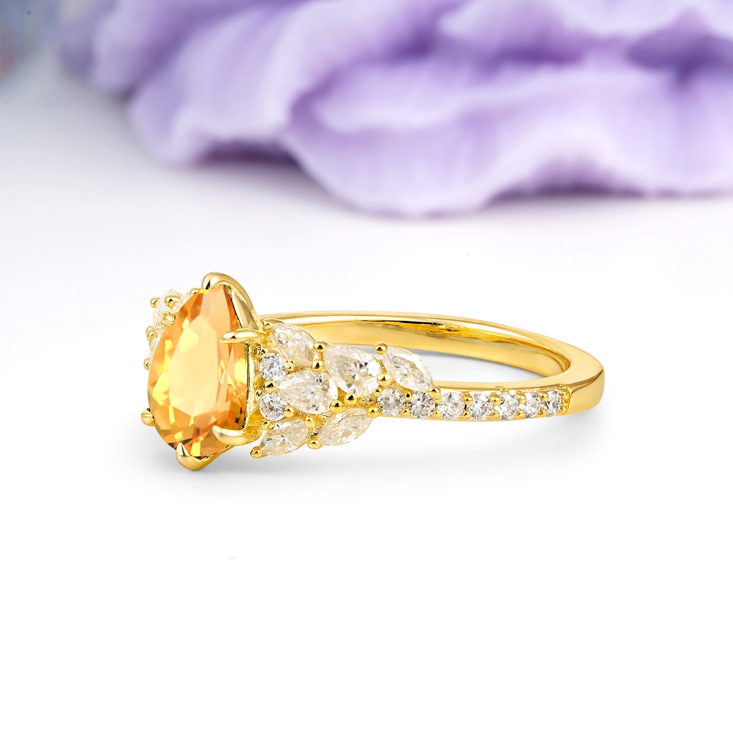 Luxurious Pavé-Set Diamonds, Unique 6-Prong Pear Cut Citrine Engagement Ring - Additional view