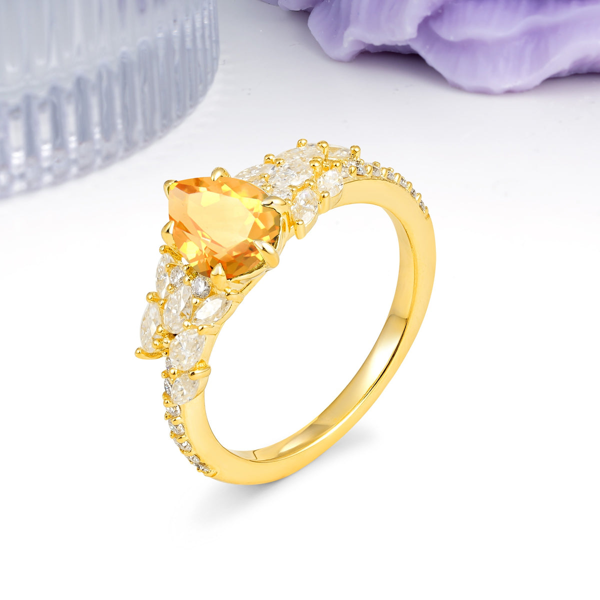 Luxurious Pavé-Set Diamonds, Unique 6-Prong Pear Cut Citrine Engagement Ring - Additional view