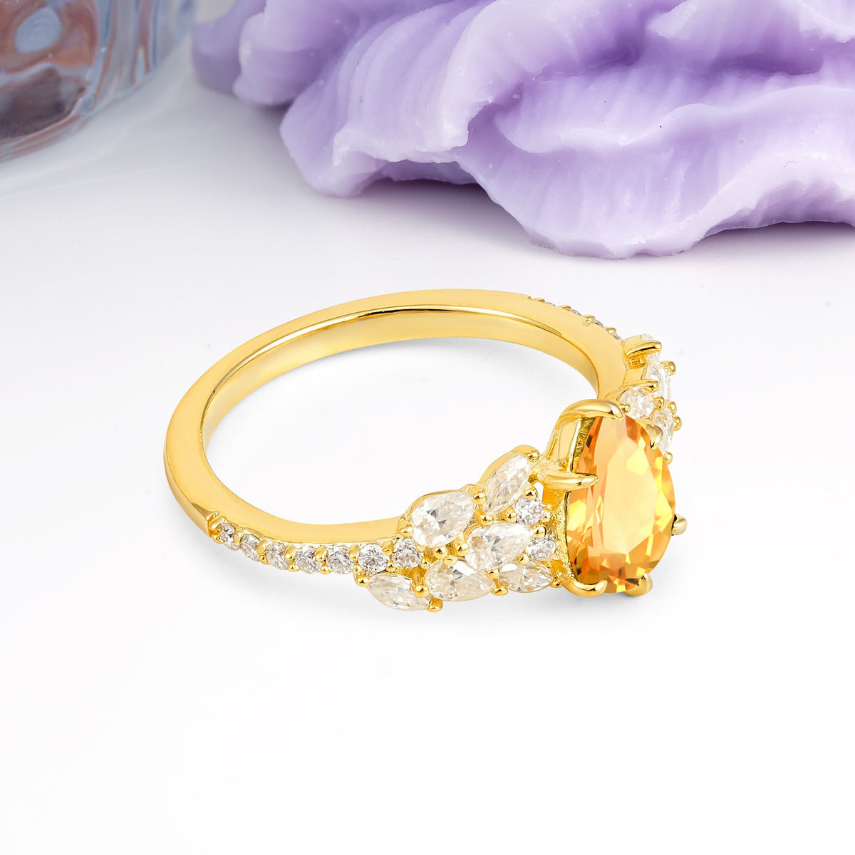 Luxurious Pavé-Set Diamonds, Unique 6-Prong Pear Cut Citrine Engagement Ring - Additional view