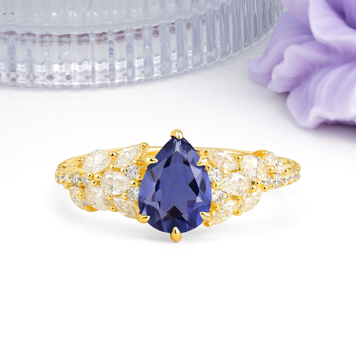 Luxurious Pavé-Set Diamonds, Unique 6-Prong Pear Cut Tanzanite Engagement Ring - Additional view