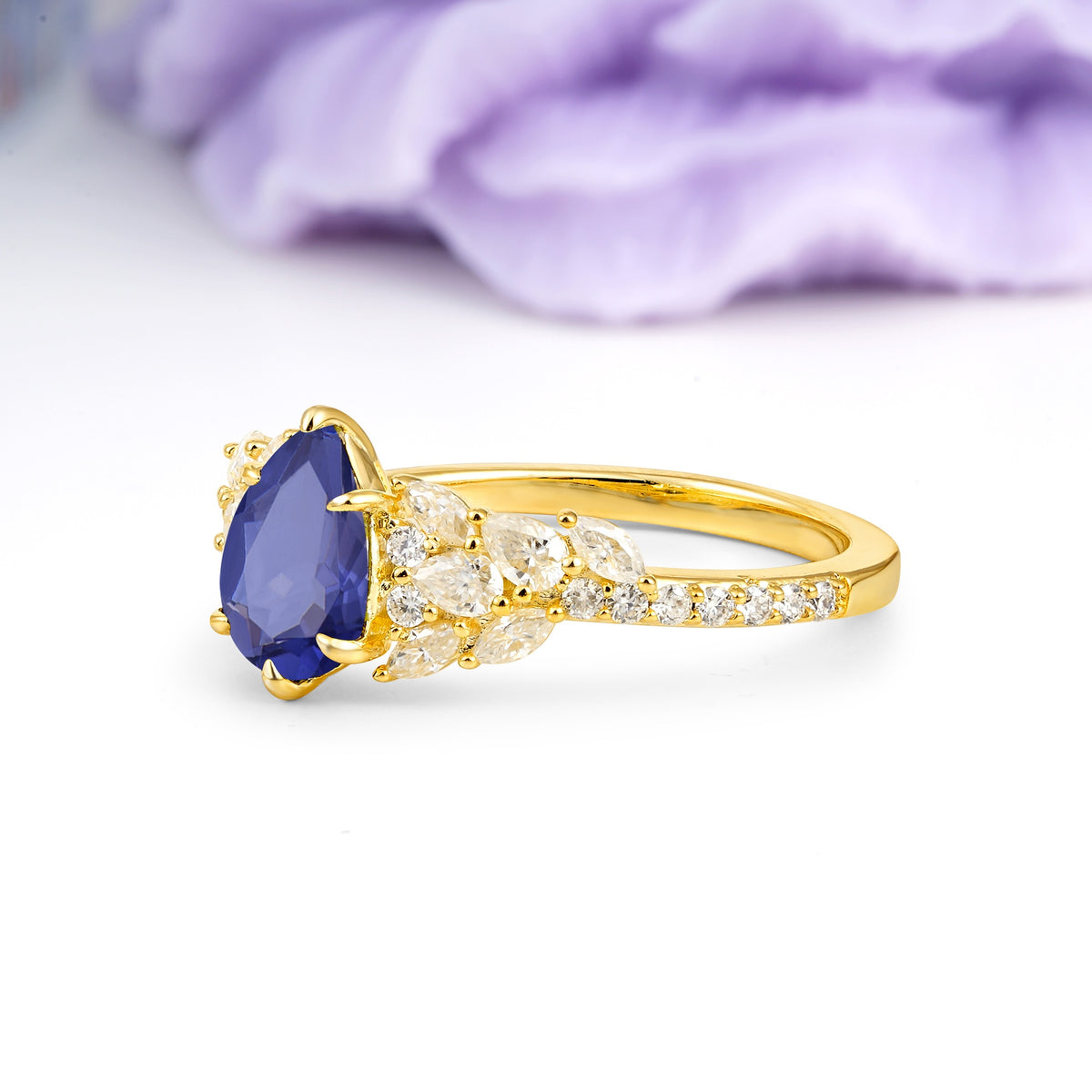 Luxurious Pavé-Set Diamonds, Unique 6-Prong Pear Cut Tanzanite Engagement Ring - Additional view