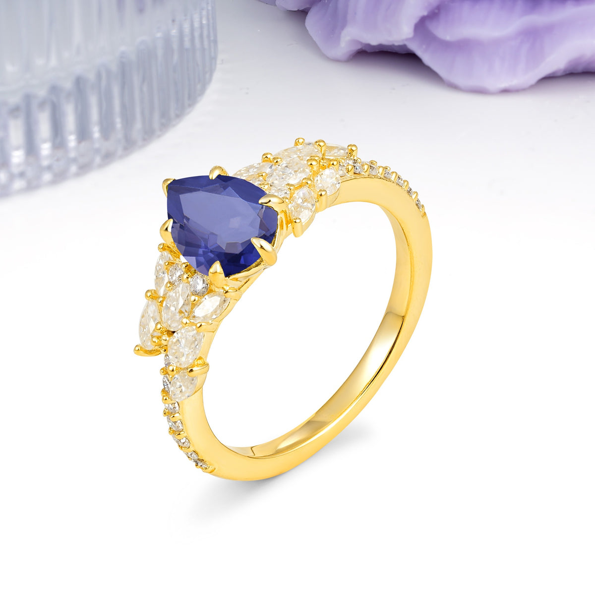Luxurious Pavé-Set Diamonds, Unique 6-Prong Pear Cut Tanzanite Engagement Ring - Additional view