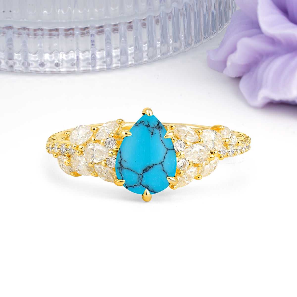 Luxurious Pavé-Set Diamonds, Unique 6-Prong Pear Cut Turquoise Engagement Ring - Additional view