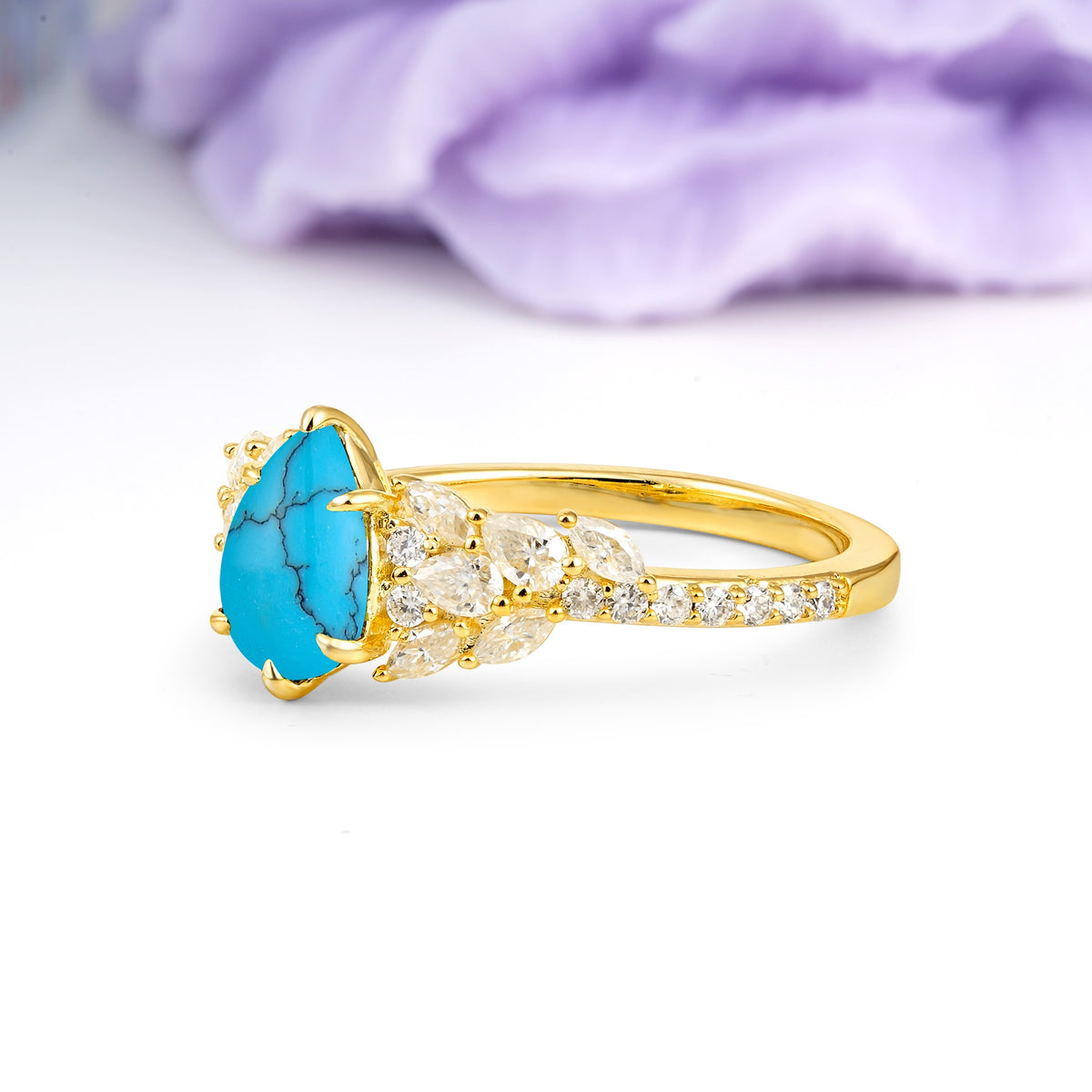 Luxurious Pavé-Set Diamonds, Unique 6-Prong Pear Cut Turquoise Engagement Ring - Additional view
