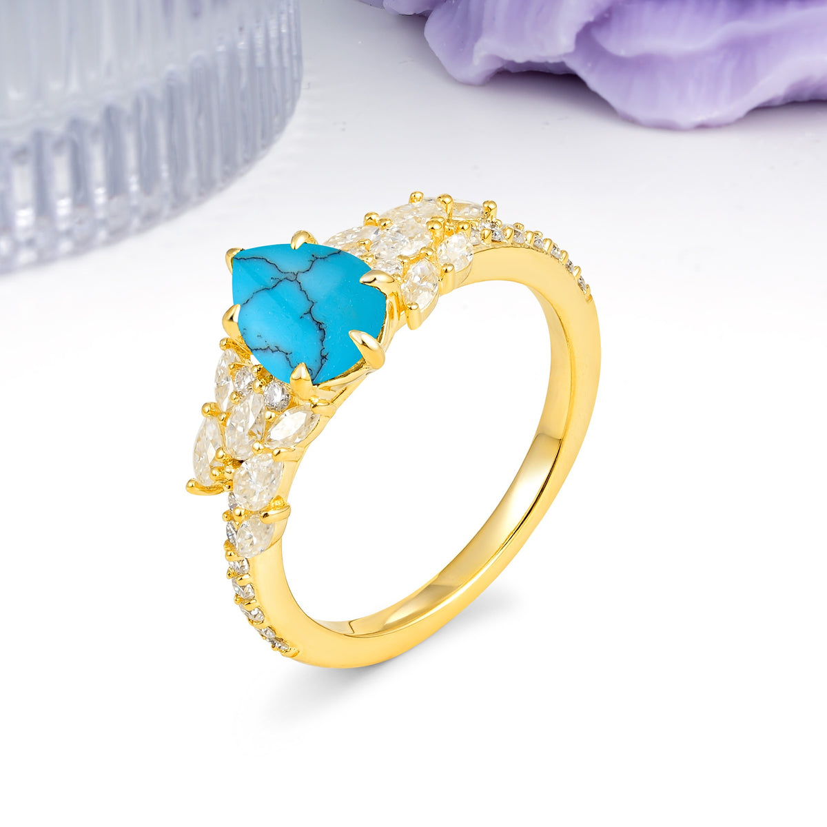 Luxurious Pavé-Set Diamonds, Unique 6-Prong Pear Cut Turquoise Engagement Ring - Additional view
