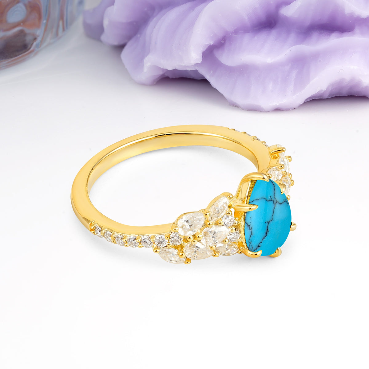 Luxurious Pavé-Set Diamonds, Unique 6-Prong Pear Cut Turquoise Engagement Ring - Additional view