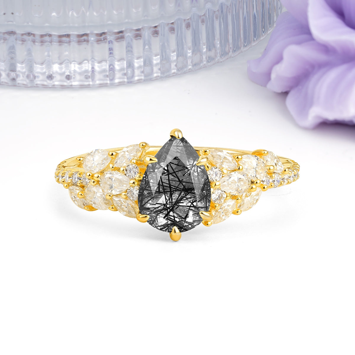 Luxurious Pavé-Set Diamonds, Unique 6-Prong Pear Cut Black Rutilated Quartz Engagement Ring - Additional view