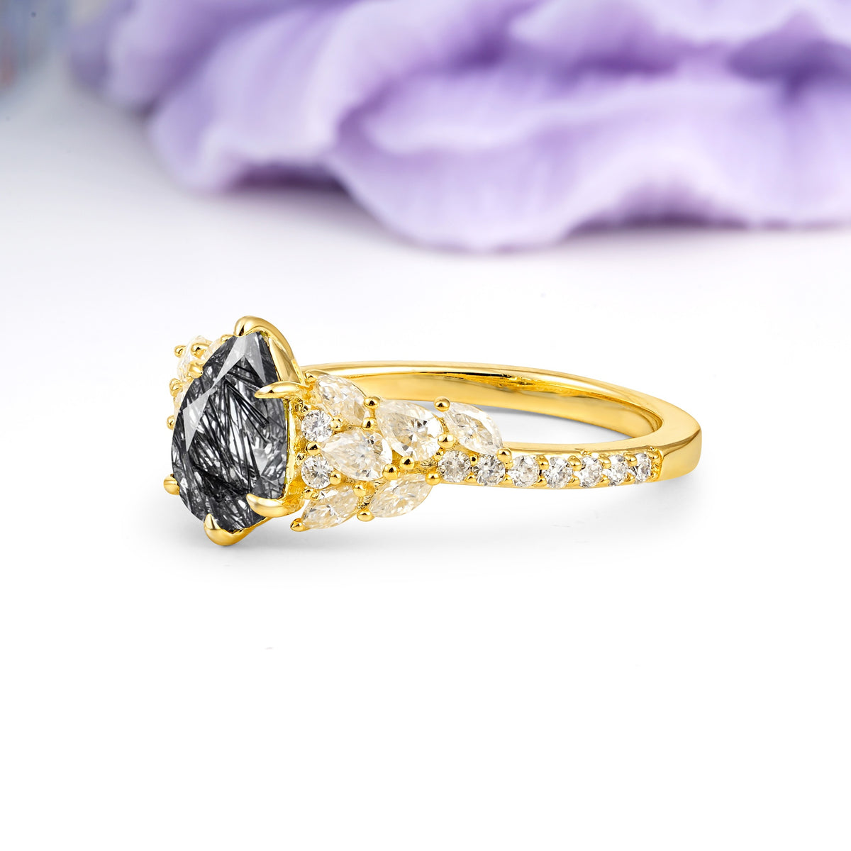 Luxurious Pavé-Set Diamonds, Unique 6-Prong Pear Cut Black Rutilated Quartz Engagement Ring - Additional view